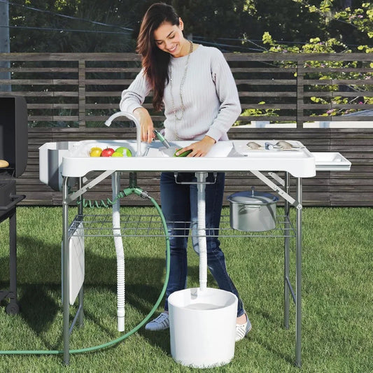 42.5" Fish Cleaning Table with Dual Sink, Portable Folding Camping Table with Faucet, Sprayer, Grid Rack, Hose Hook Up & Knife