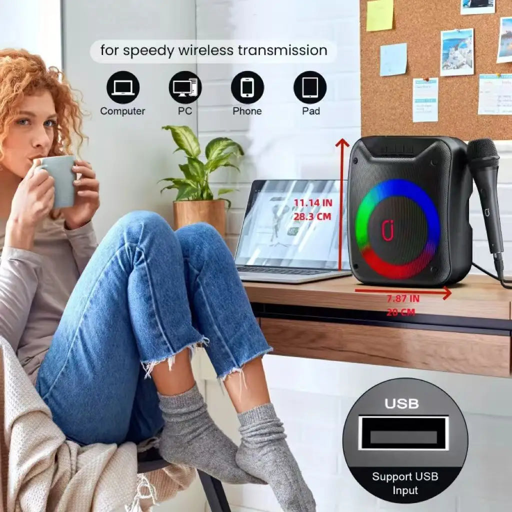 FanFun Wireless Outdoor Speaker, Portable Speaker with Microphone, Colorful DJ Light, Dual Microphone Jacks, TF Card Compatible