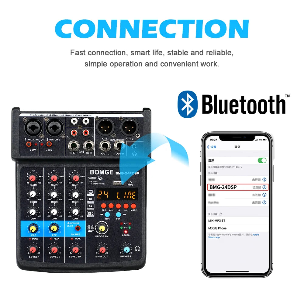 BBOMGE 4 Channel 24 DSP DJ Audio Sound Mixer Interface Mixing Console Desktop Karaoke with MP3 Input USB Bluetooth Input Stereo