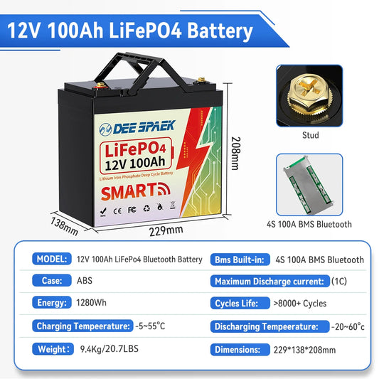 12V 100AH LiFePO4 Battery Pack BMS 100A For Solar Boat RV Camping Solar Trolling Motor Bluetooth Lithium Iron Phosphate Batteria
