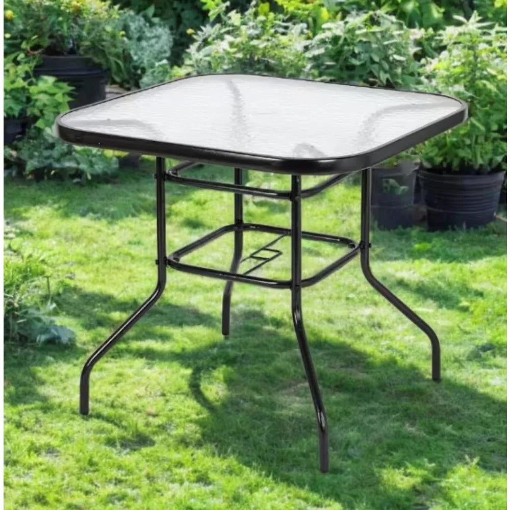 Outdoor Dining Table with 1.8” Umbrella Hole,Coffee Table with Toughened Glass Top, Patio Glass Side Table for Backyard