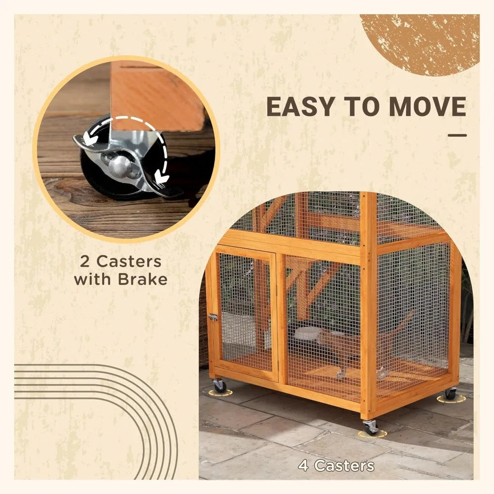 74" Wooden Catio Outdoor Cat House Weatherproof & Wheeled, Outside Cat Enclosure with High Weight Capacity, Kitten Cage Condo,