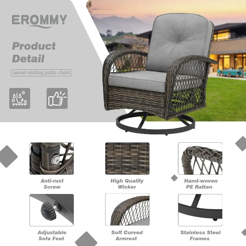 EROMMY 3 Pieces Outdoor Swivel Rocker Patio Chairs, 360 Degree Rocking Patio Conversation Set with Thickened Cushions