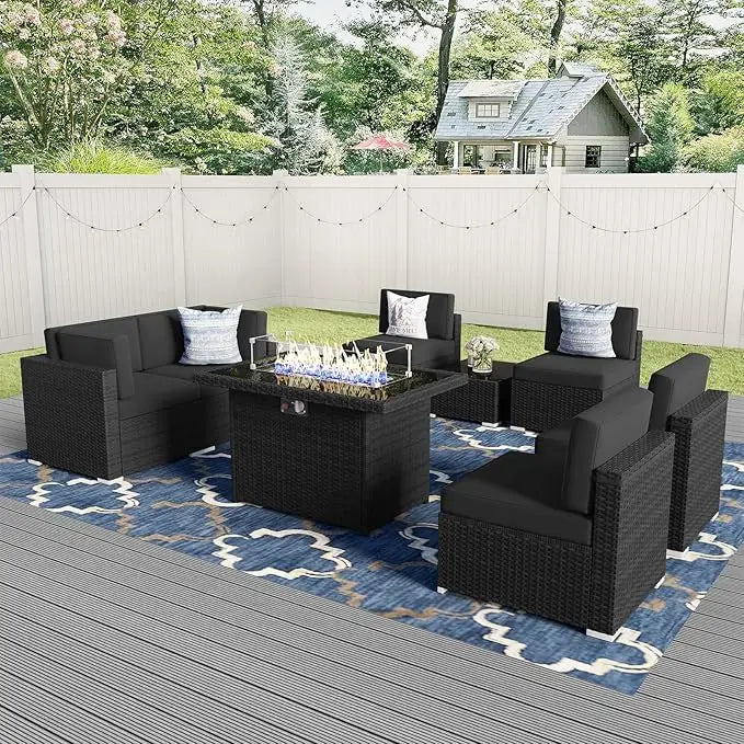 8 Pieces Patio Furniture Set with 44" Propane Gas Fire Pit Table, Outdoor Sectional Wicker Conversation Sofa Sets with Coffee Ta