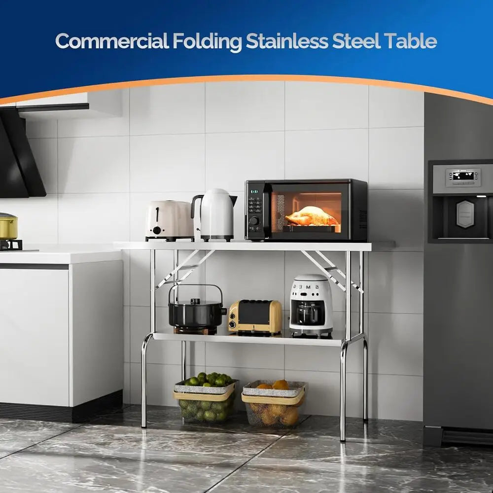 48" x 24" Camping Stainless Steel Folding Work Table With Undershelf Portable