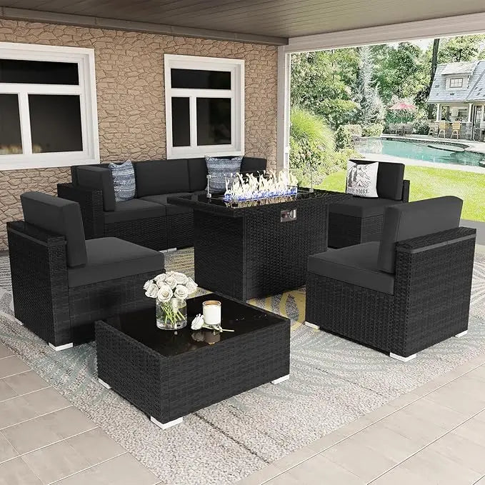 8 Pieces Patio Furniture Set with 44" Propane Gas Fire Pit Table, Outdoor Sectional Wicker Conversation Sofa Sets with Coffee Ta