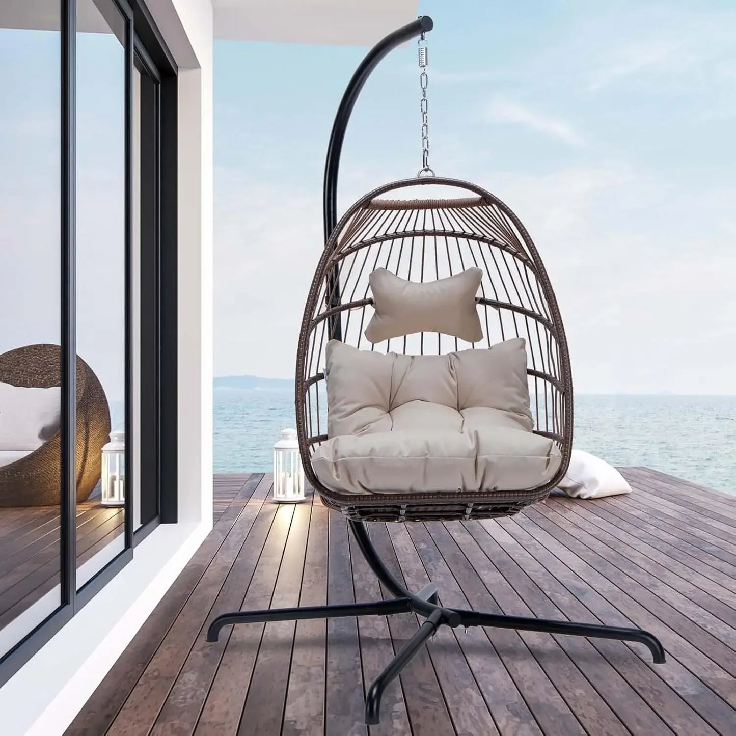 Swing Egg Chair Indoor Outdoor Patio Wicker Hanging Chair with Stand All Weather Egg Hammock Chairs with Cushions Swinging Chair