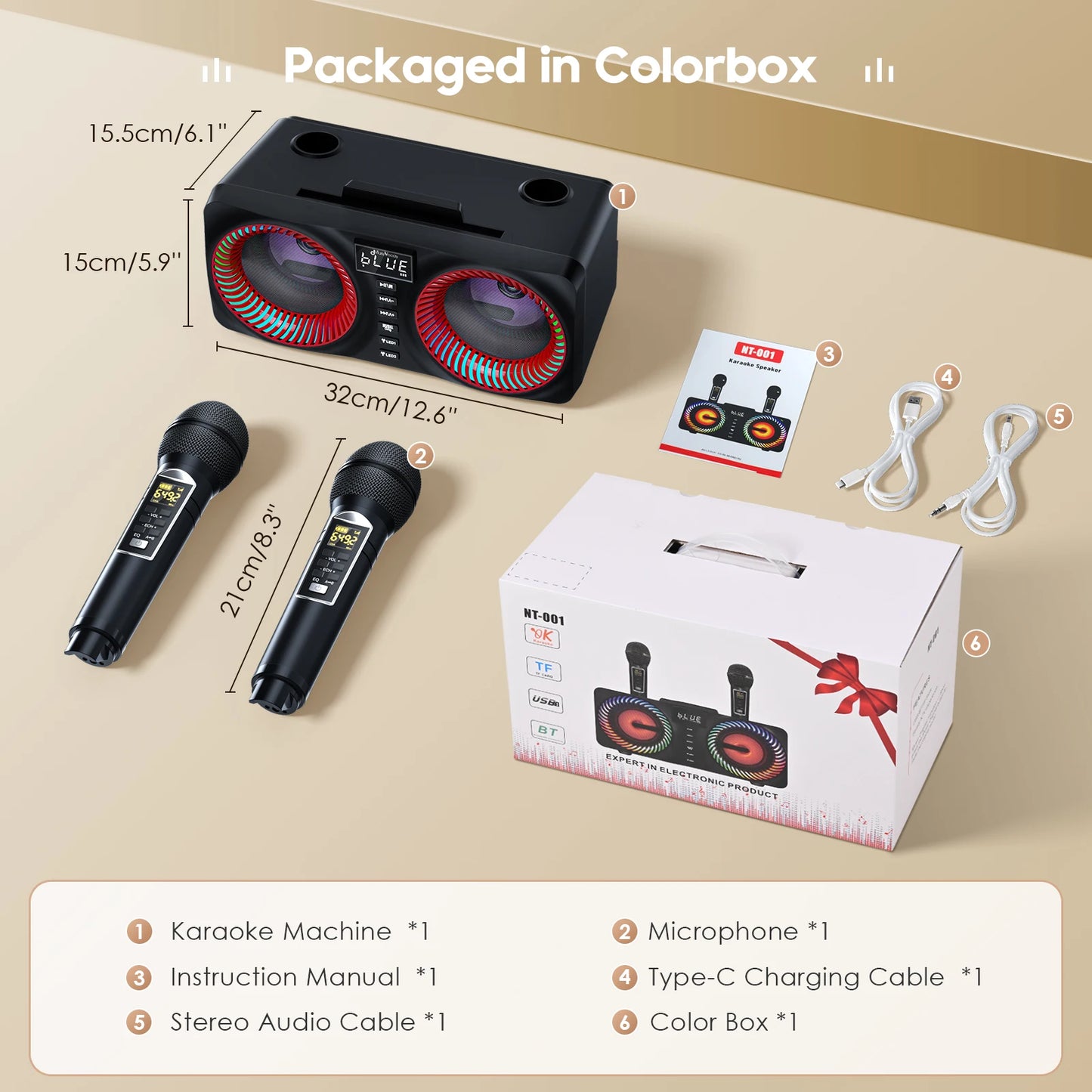 Portable Karaoke Machine Karaoke with 15W Bluetooth Speaker 2 Wireless Karaoke Microphone Rechargeable Microphone Slot for Home