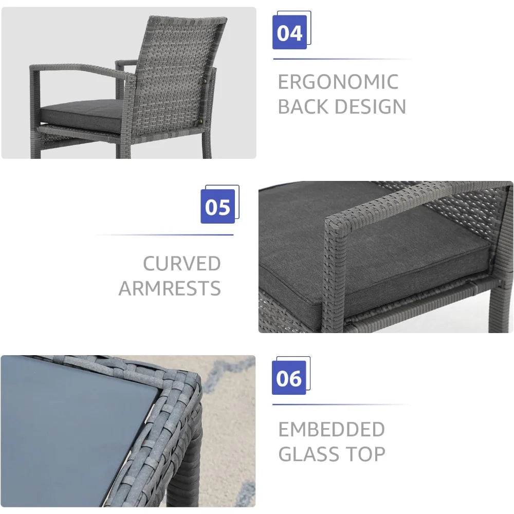 5 Piece Outdoor Patio Wicker Furniture Set, All Weather Grey PE Rattan Chair and Ottoman Footstool Set W/Coffee Table