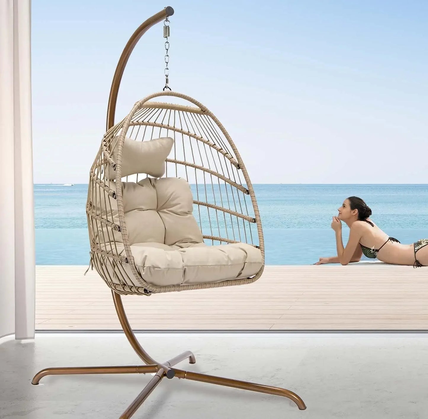 Swing Egg Chair Indoor Outdoor Patio Wicker Hanging Chair with Stand All Weather Egg Hammock Chairs with Cushions Swinging Chair