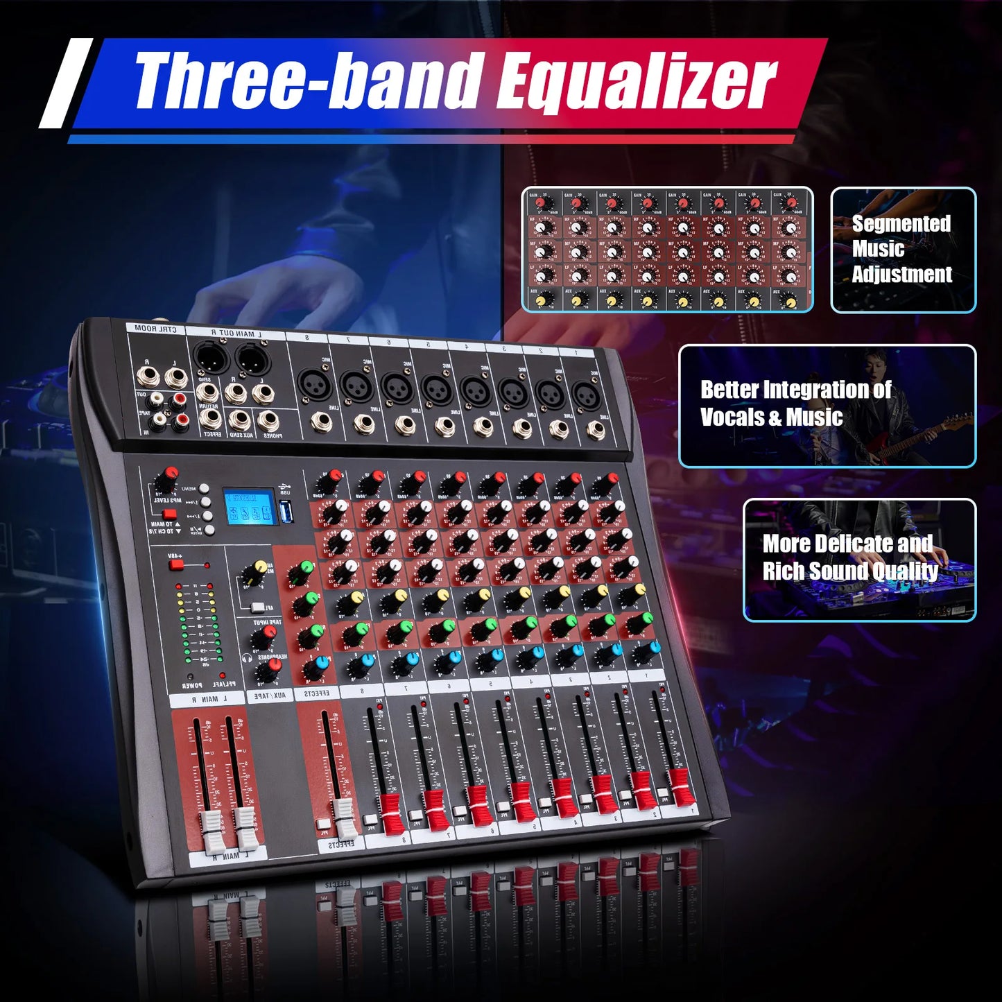 7/8-Channel Professioneller Mixer, Soundboard Konsole with Bluetooth USB PC Recording Input XLR Microphone Jack