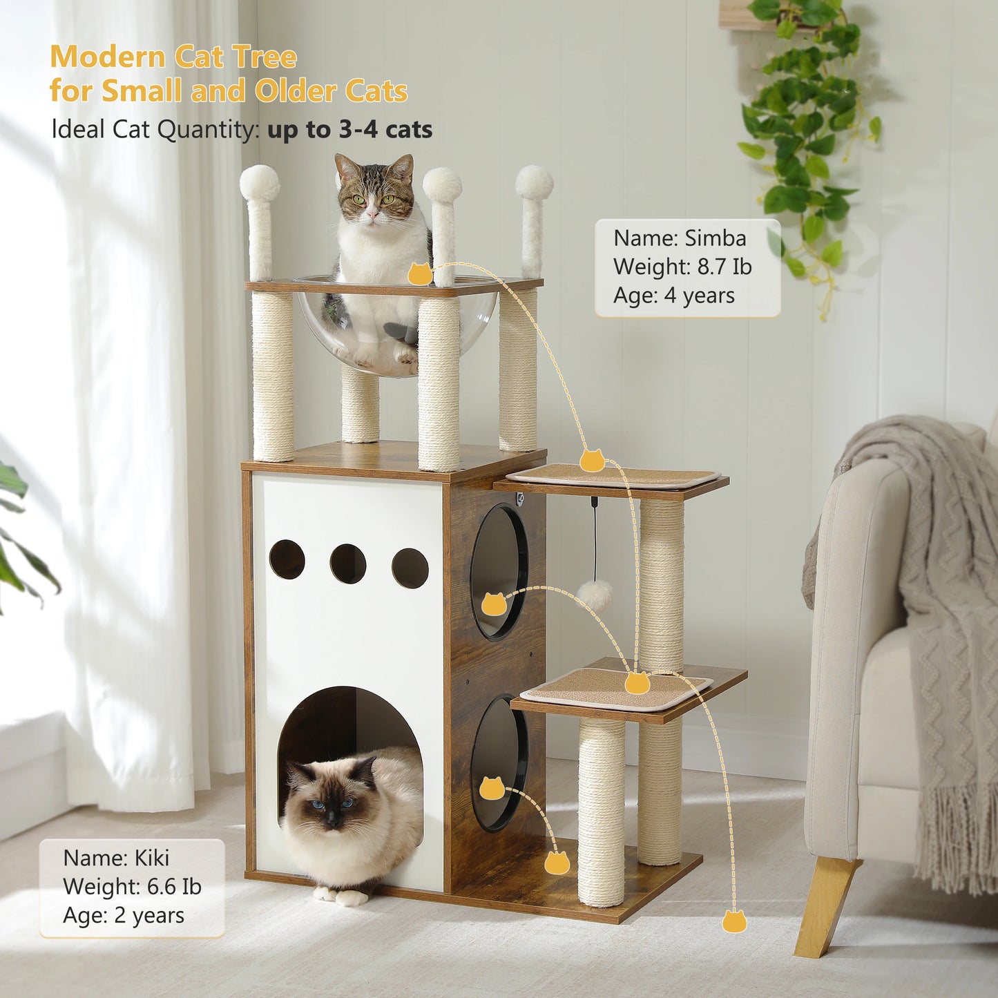 Modern Cat Tree Wooden Cat Tower with Scratching Posts Large Condo Capsule Nest and Dangling Balls