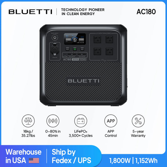 [US Plug] BLUETTI AC180 1152Wh 1800W Protable Power station LiFePO4 Solar Generator 3500+ Cycles For Camping Hiking Fish Trips