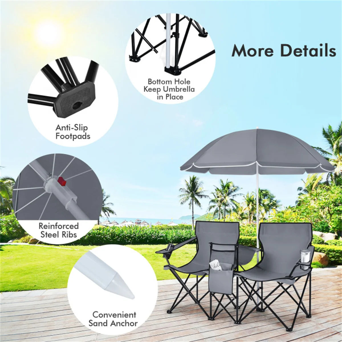 Double Portable Picnic Chairs , Folding Camping   Chairs W / Detachable Umbrella , Cooler Bag , Cup   Holders , Patio Beach Camp