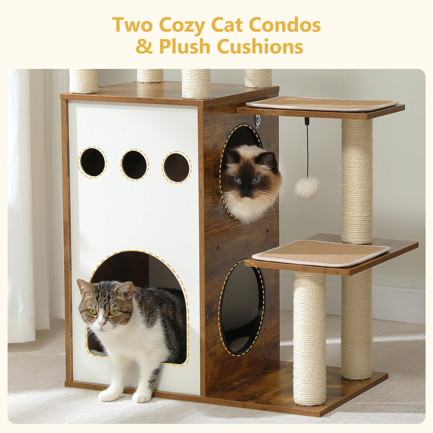 Modern Cat Tree Wooden Cat Tower with Scratching Posts Large Condo Capsule Nest and Dangling Balls