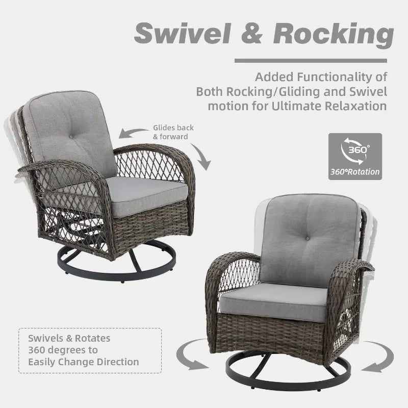 EROMMY 3 Pieces Outdoor Swivel Rocker Patio Chairs, 360 Degree Rocking Patio Conversation Set with Thickened Cushions
