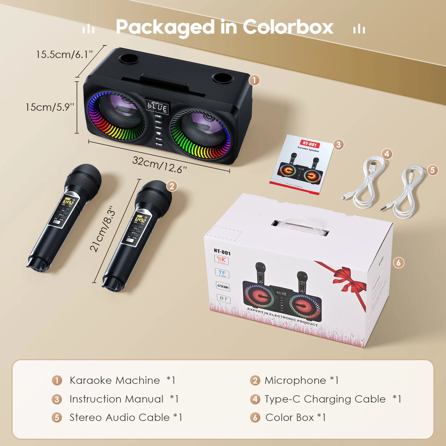 Portable Karaoke Machine Karaoke with 15W Bluetooth Speaker 2 Wireless Karaoke Microphone Rechargeable Microphone Slot for Home