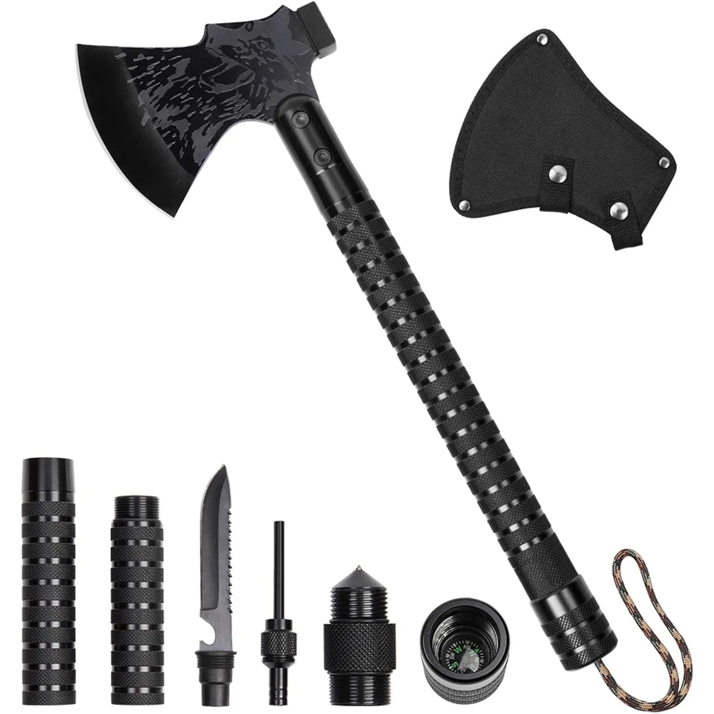 Tactical Folding Survival Axe w/Hammer & Nylon Sheath, Multifunctional Camping Hatchet for Hiking/Hunting/Outdoor Survival Gear