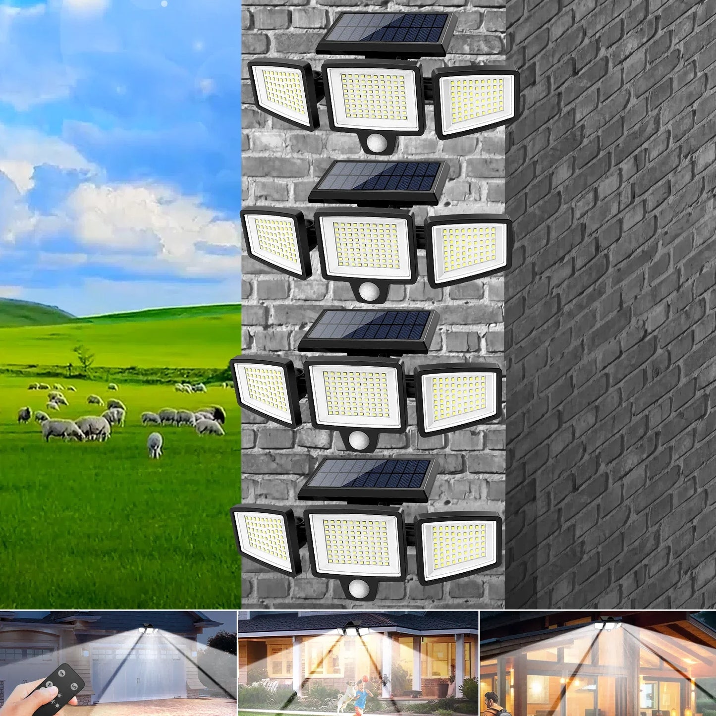 (5/4/3/2/1PCS)IP65Waterproof 3Heads Solar Outdoor Light, 210LED 2500LM Motion Sensor Security Light with Wireless Remote Control