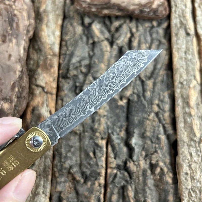 Pocket Folding Knife Damascus Steel Blade Copper Alloy Handle EDC Survival Portable Multi-tool Durable Camping Tools Knives