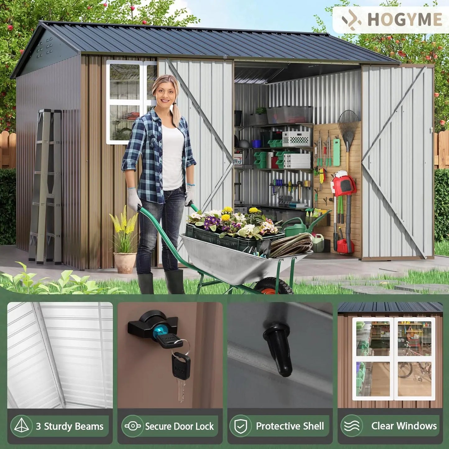 10x10 FT Outdoor Storage Shed, Large Metal Tool Sheds with Updated Frame Structure and Lockable Doors, Garden Shed for Backyard