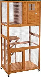 74" Wooden Catio Outdoor Cat House Weatherproof & Wheeled, Outside Cat Enclosure with High Weight Capacity, Kitten Cage Condo,