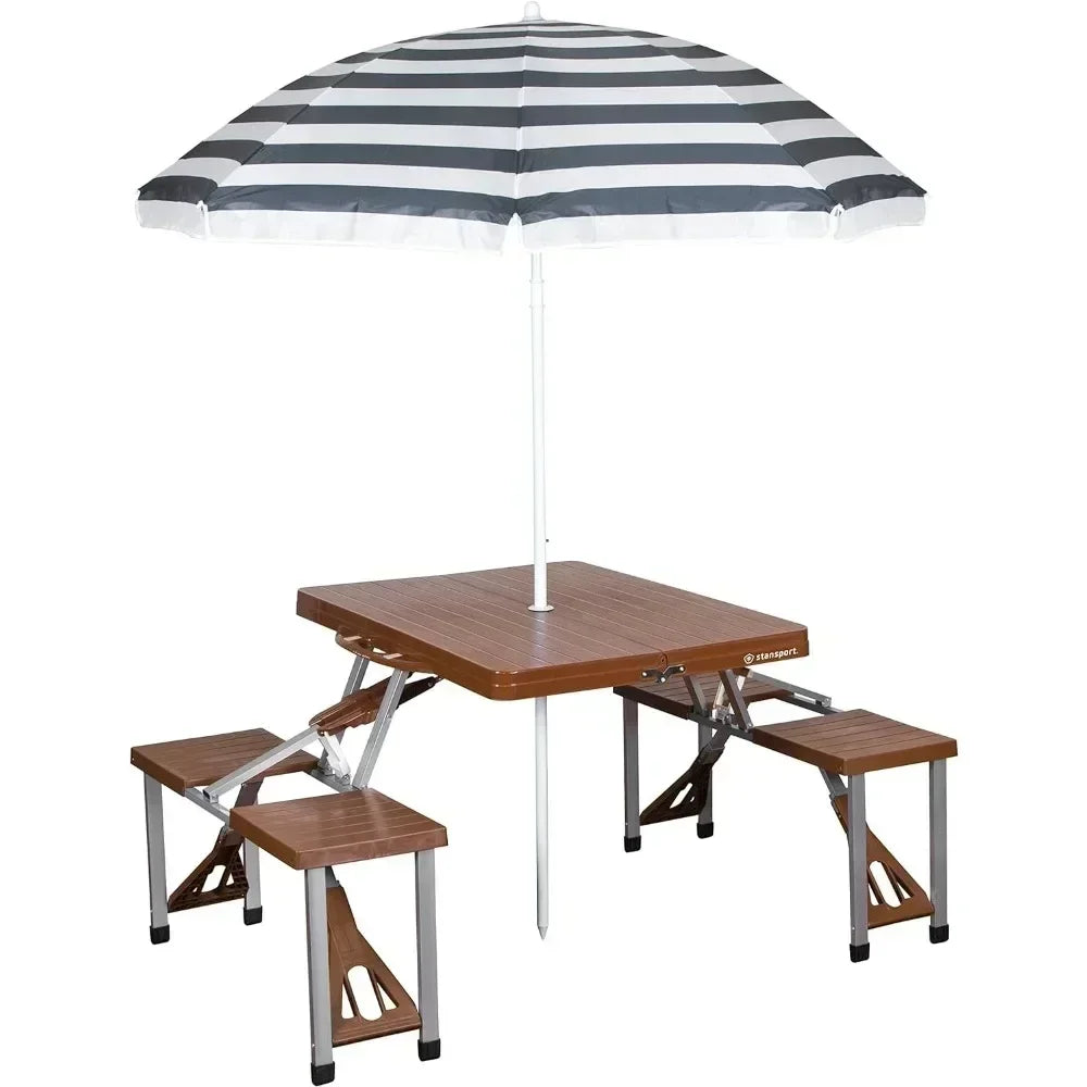 Picnic Table and Umbrella Combo - Brown Desk Camping Supplies Dining Tables Chair Outdoor Tourist Furniture