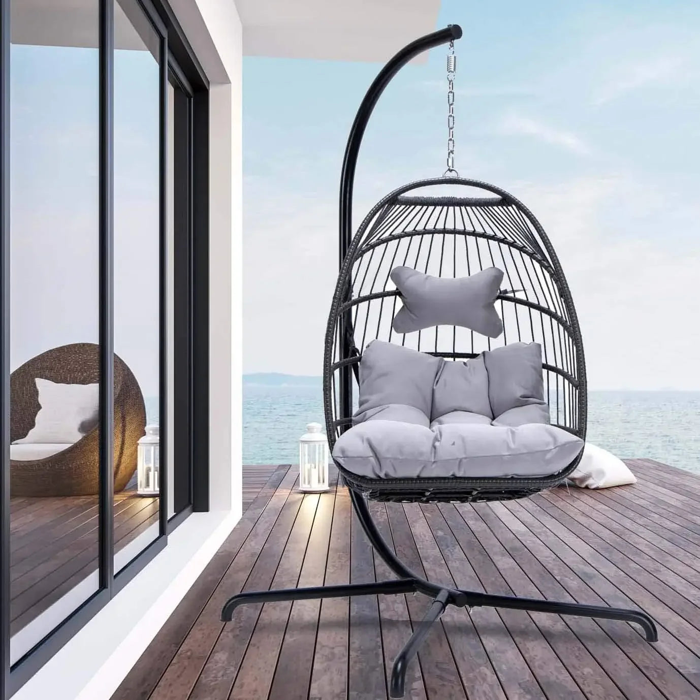 Swing Egg Chair Indoor Outdoor Patio Wicker Hanging Chair with Stand All Weather Egg Hammock Chairs with Cushions Swinging Chair