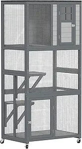 74" Wooden Catio Outdoor Cat House Weatherproof & Wheeled, Outside Cat Enclosure with High Weight Capacity, Kitten Cage Condo,