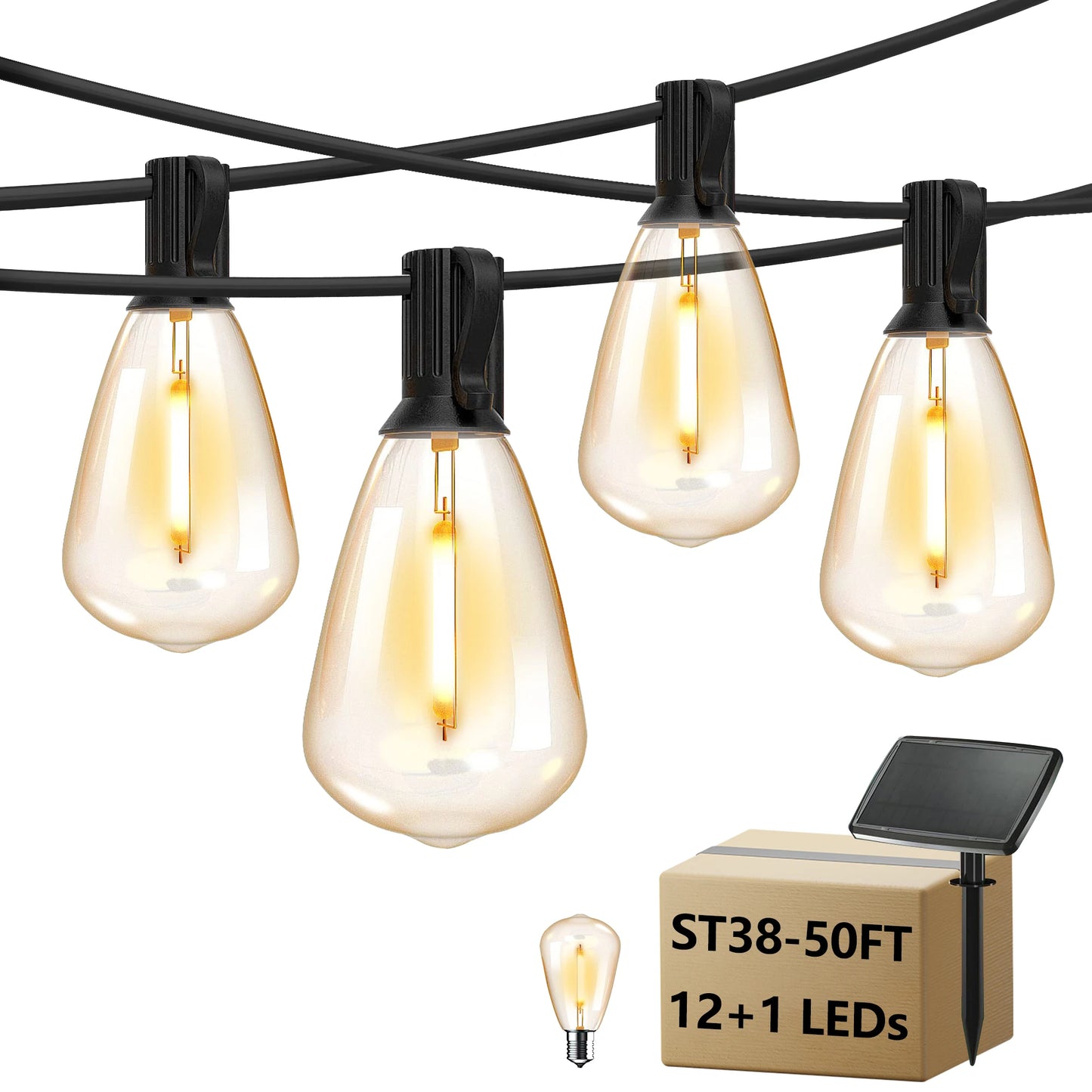 St38 Solar String Lights, 50 Feet Solar Outdoor String Lights, 2700K Warm White Hanging Lights, Weather-Resistant Materials, 12+1 Shatterproof Bulbs, E12 Sockets for Outdoor Courtyards, Backyard, Porch
