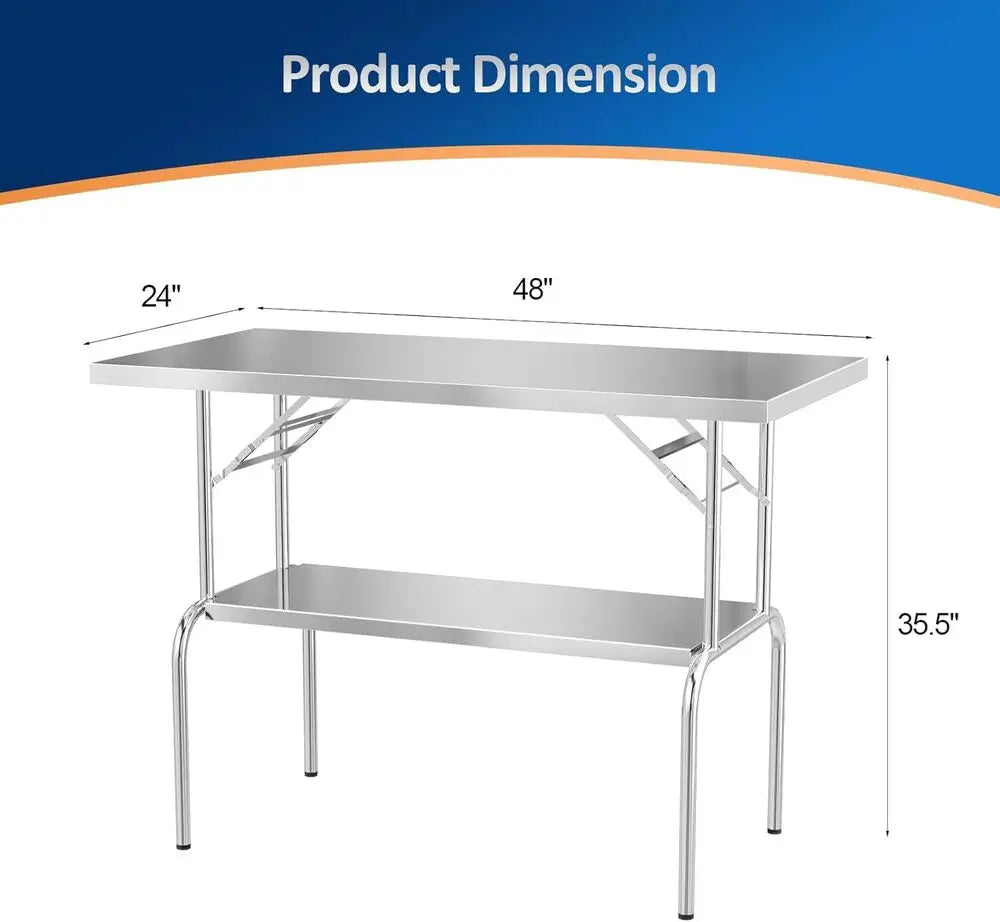 48" x 24" Camping Stainless Steel Folding Work Table With Undershelf Portable