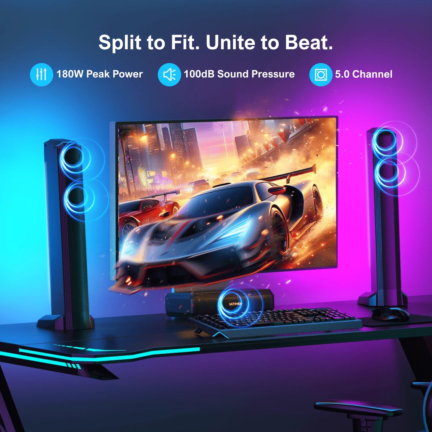 ULTIMEA 5.0ch Sound Bar for Smart TV, PC Soundbar with RGB Light, Detachable Soundbar for TV with App Control, HDMI-ARC/OPT/AUX