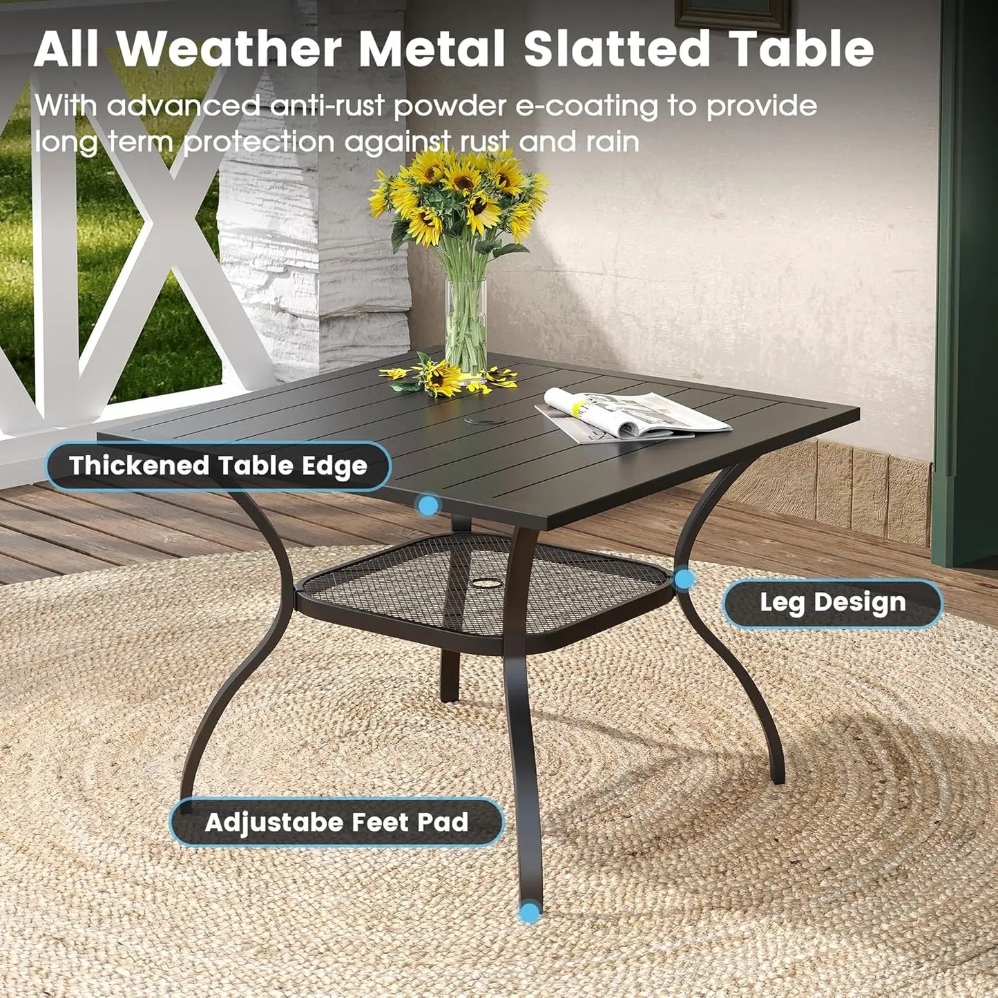 5 Pieces Outdoor Dining Table Chair Set, Patio Dining Set with 1 Black Square Curved Legs Table with and Umbrella Hole