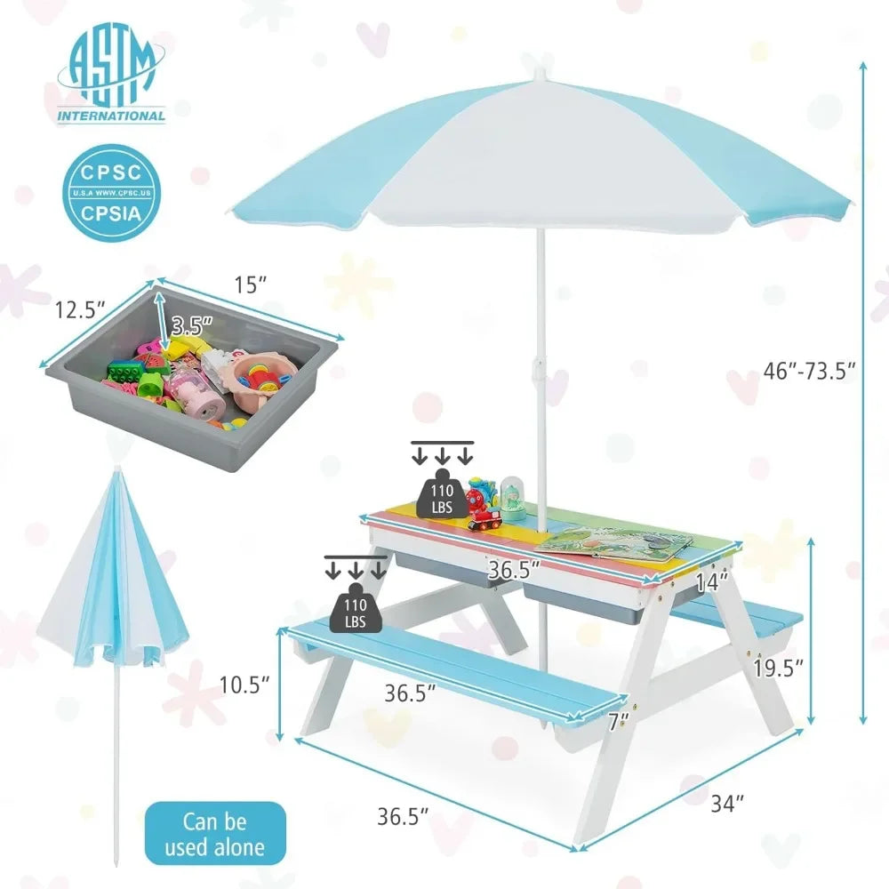 Kids Picnic Table,  Table w/ 2 Removable Box & Umbrella, Kids Picnic Tables for Outdoors Backyard Garden