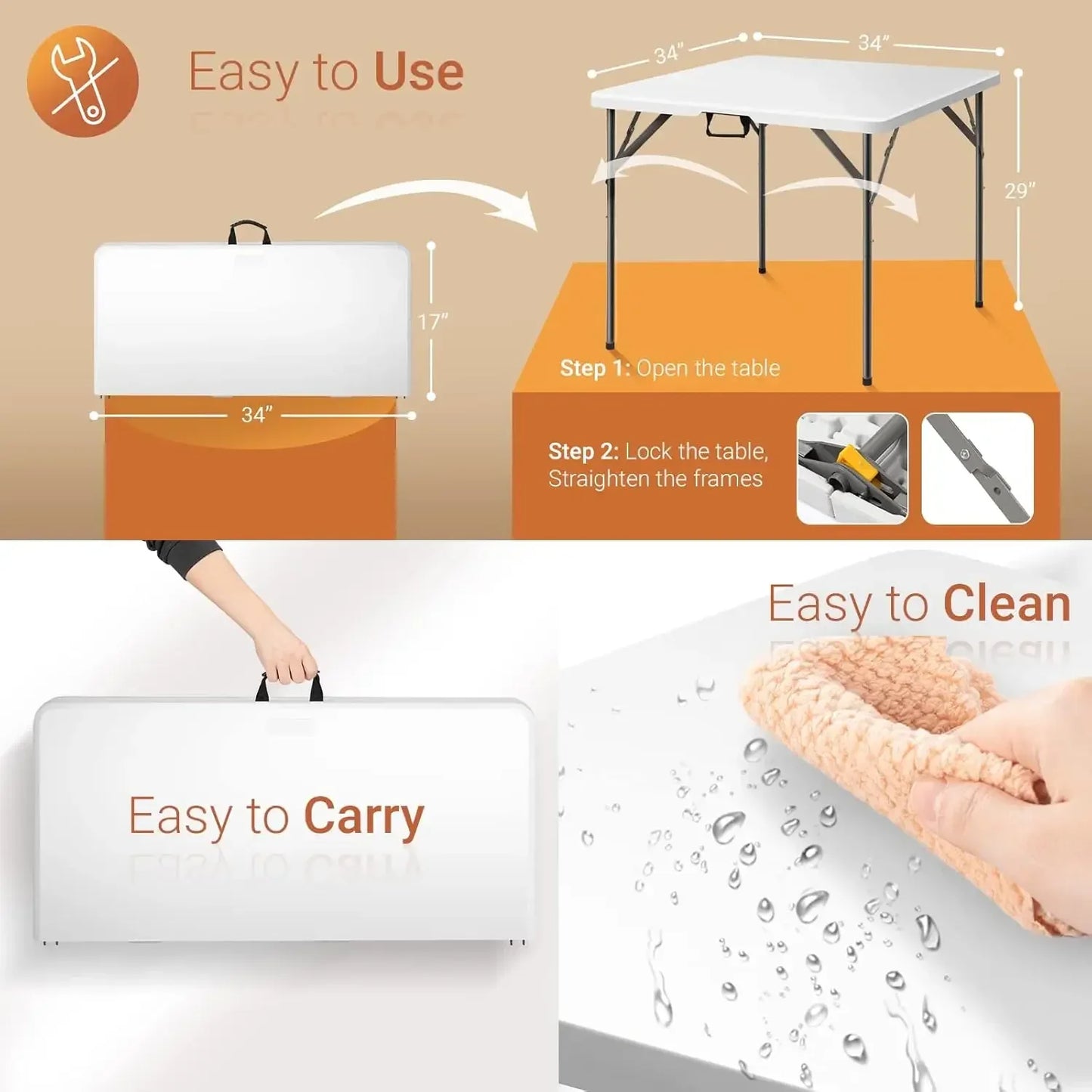 VINGLI Outdoor Dining Set 34 inch Folding Table with 4 Plastic Folding Chairs, Sturdy for Outdoor, Kitchen, White, 5 Pieces Set