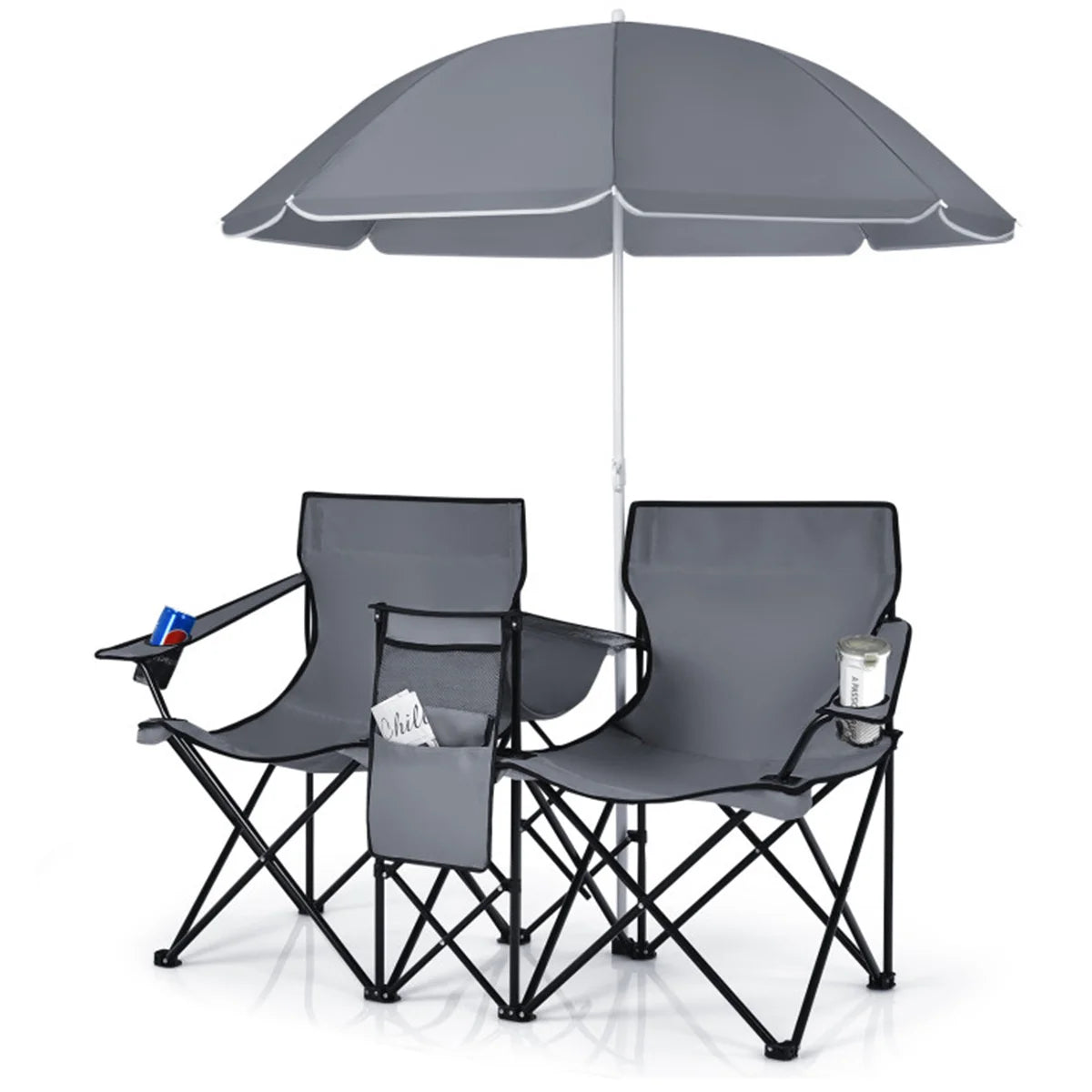 Double Portable Picnic Chairs , Folding Camping   Chairs W / Detachable Umbrella , Cooler Bag , Cup   Holders , Patio Beach Camp