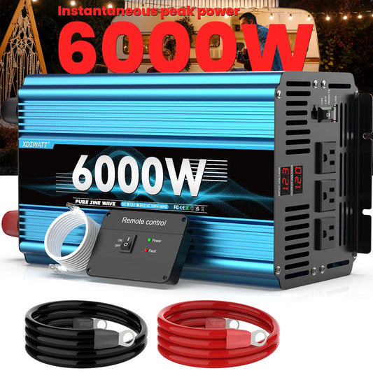 3000W/6000W Automotive Power Inverter DC 12V to AC 110V Converter Compact with USB for Home RV Off-Grid Solar