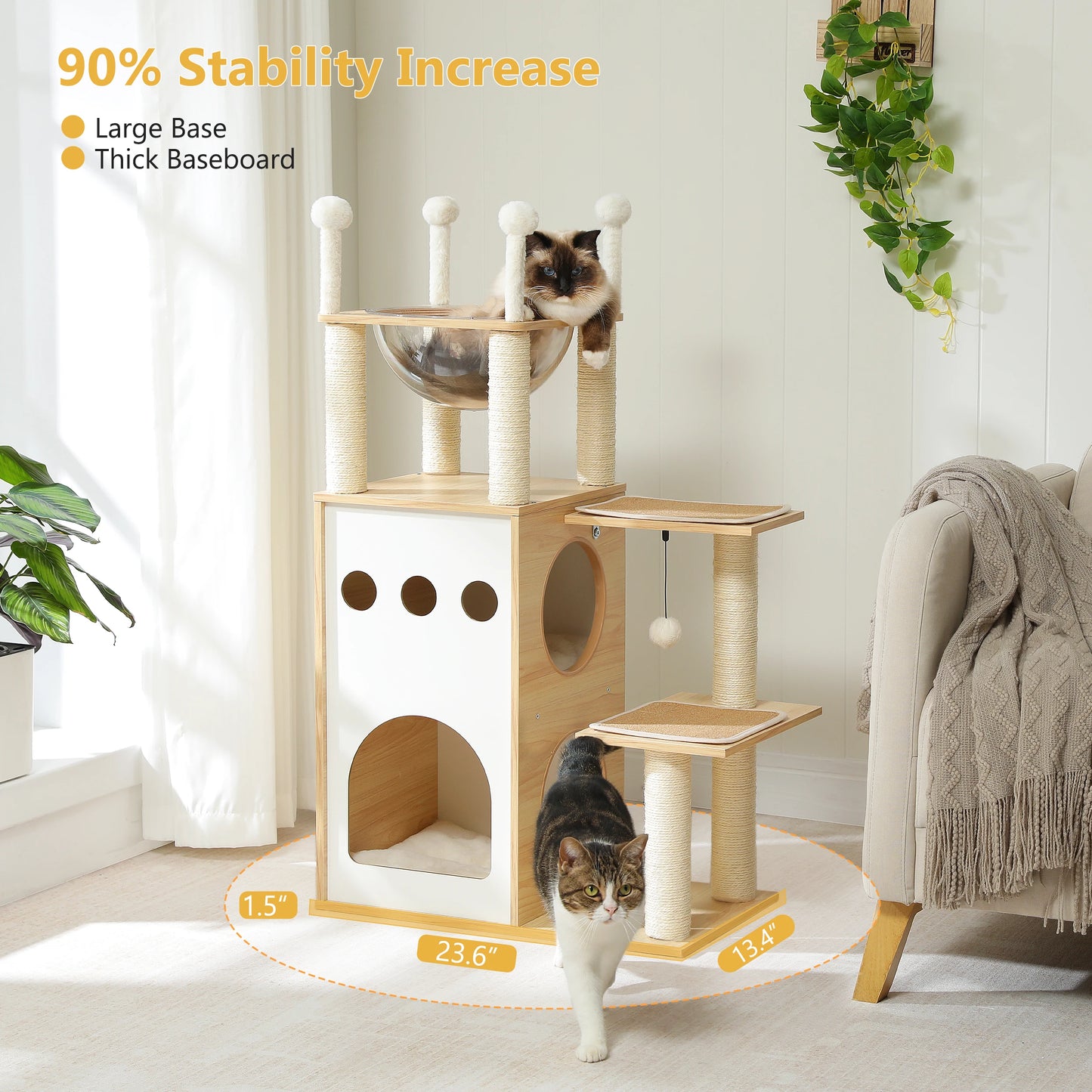 Modern Cat Tree Wooden Cat Tower with Scratching Posts Large Condo Capsule Nest and Dangling Balls