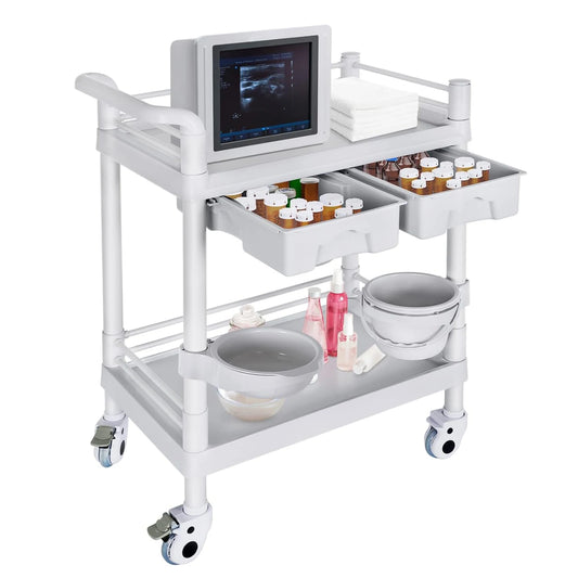 Mobile Trolley Cart 2 Tier Heavy Duty Rolling Utility Cart with Dirt Bucket and 360° Rotate Wheels Medical Mobile Trolley