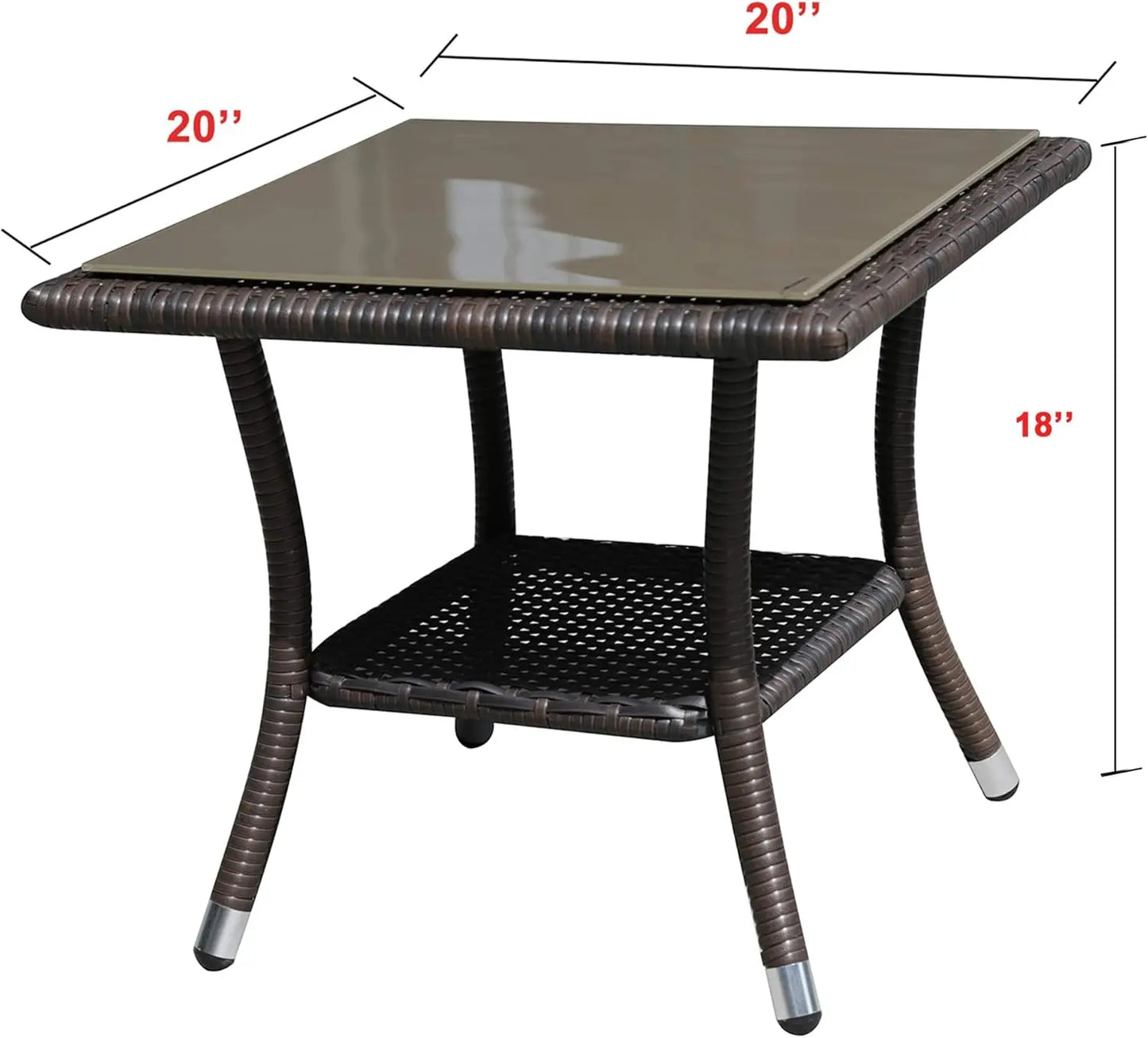Outdoor Side Table, 20" Square Wicker End Table, Tempered Glass Top Coffee Table with Storage, Aluminum Frame-Brown